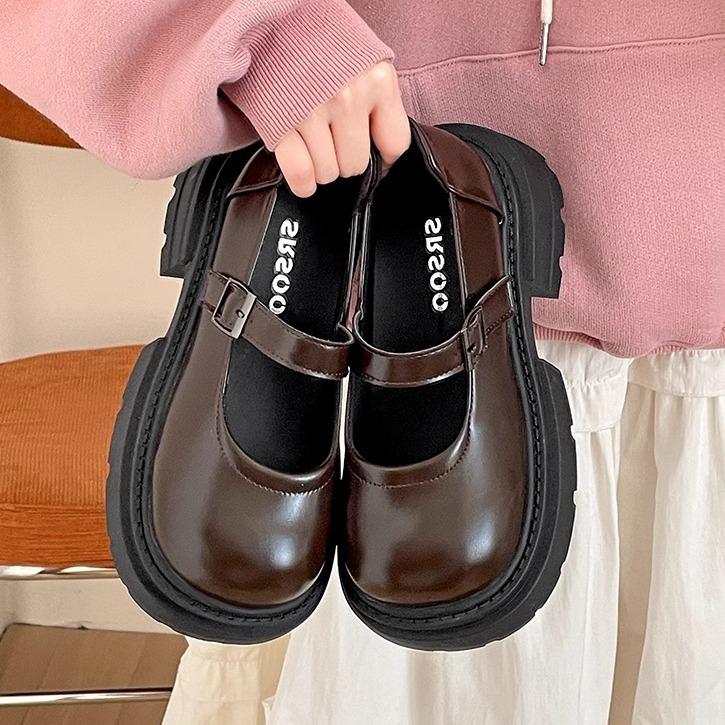 

Black retro British style thick heel platform small leather shoes women s 2025 new spring and autumn shallow mouth round head Mary Jane single shoes 40 коричневый