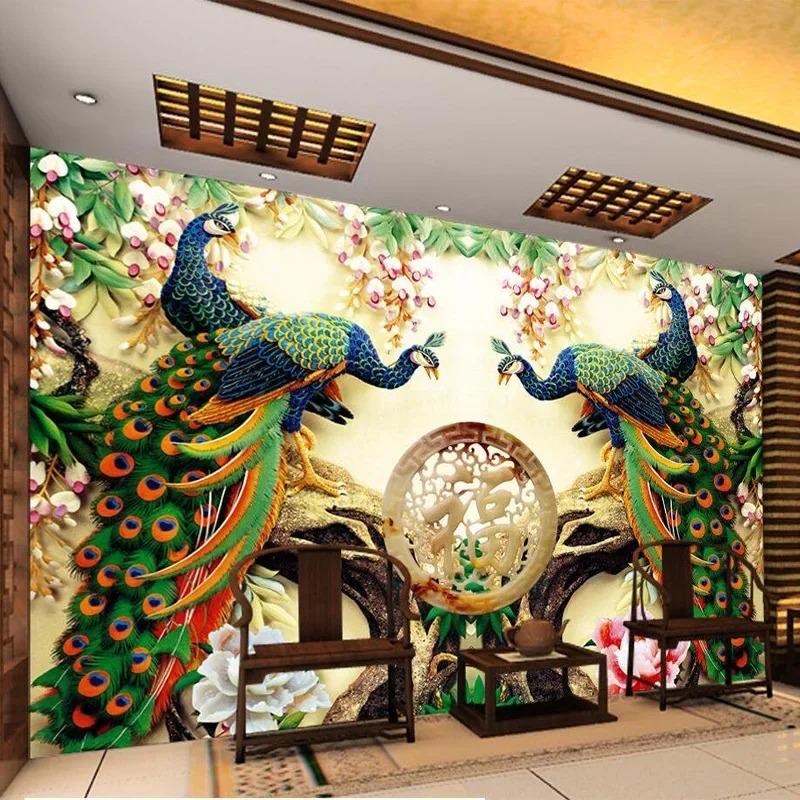 Chinese Style Classic Peacock Green Branches 3D Nature Wallpaper Living Room Backdrop Wall Home Decor Non-Woven Mural Wall Paper