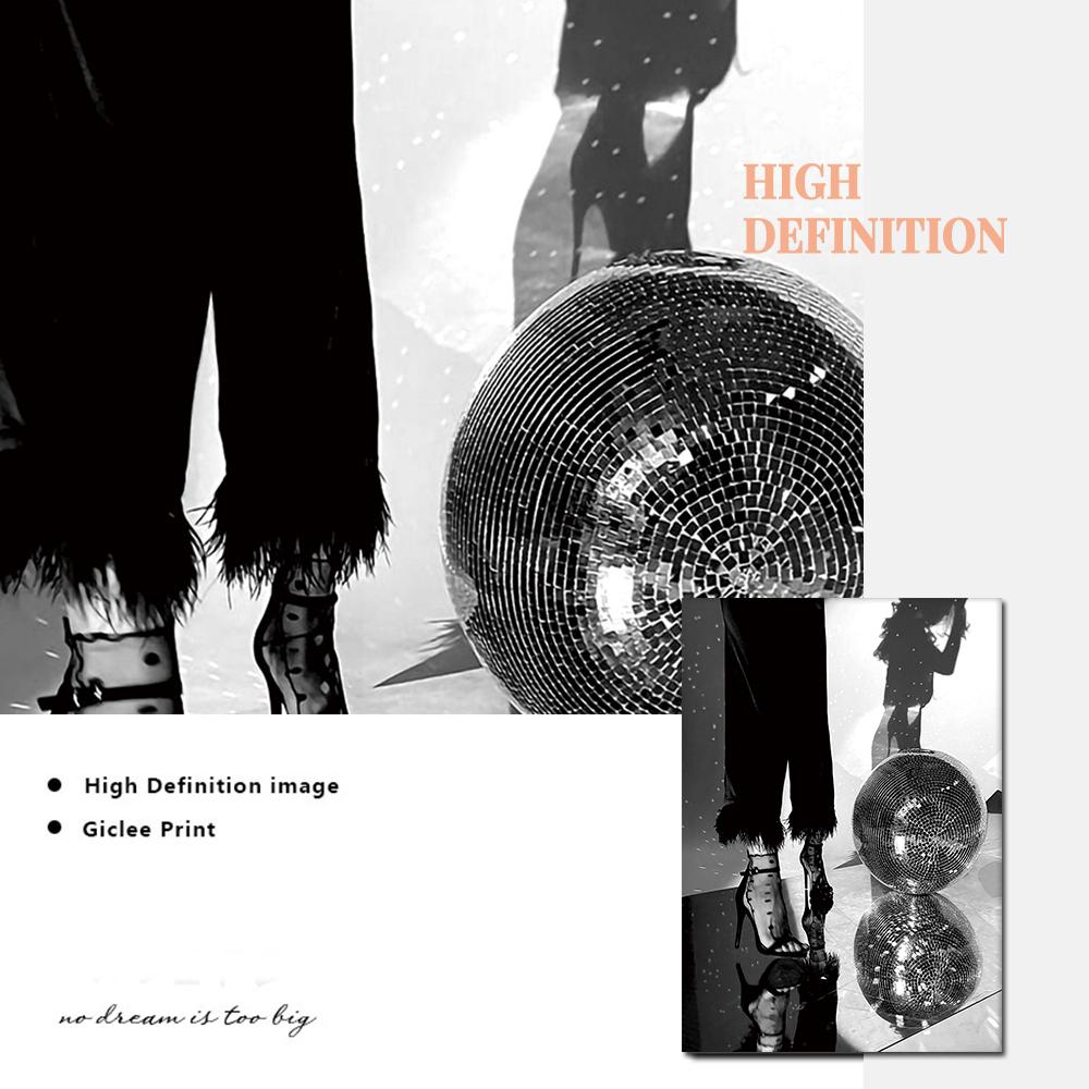 High Heels Disco Ball Print Black and White Fashion Poster Trendy Wall Art Pictures Party Girly Dorm Room Decor Canvas Painting