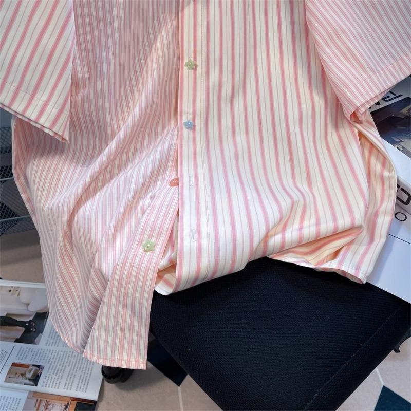 Cămașă de damă colorată cu dungi roz și nasturi, top de vară cu mânecă scurtă în stil colegial, largă, cu guler răsturnat, cămăși de damă