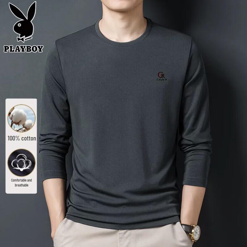 PLAYBOY Men's 100% Cotton Long Sleeve Embroidered T-Shirt
