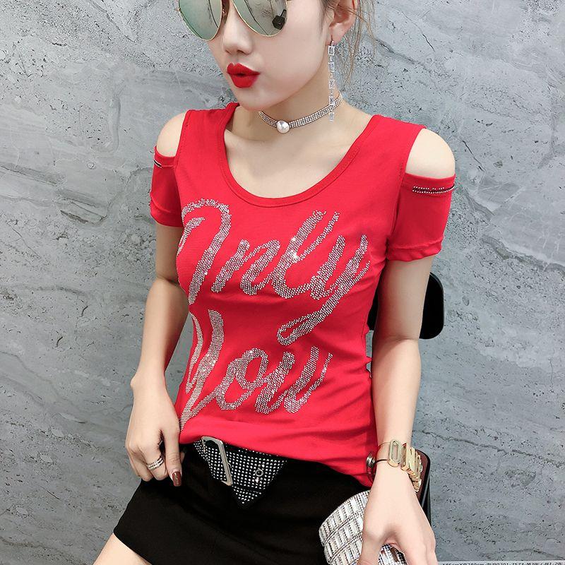 New Style Heavy Craftsmanship Fashion Diamond-covered Shoulder-open Sexy Beautiful Back Slim Body Slim Body Slim T-shirt Trendy
