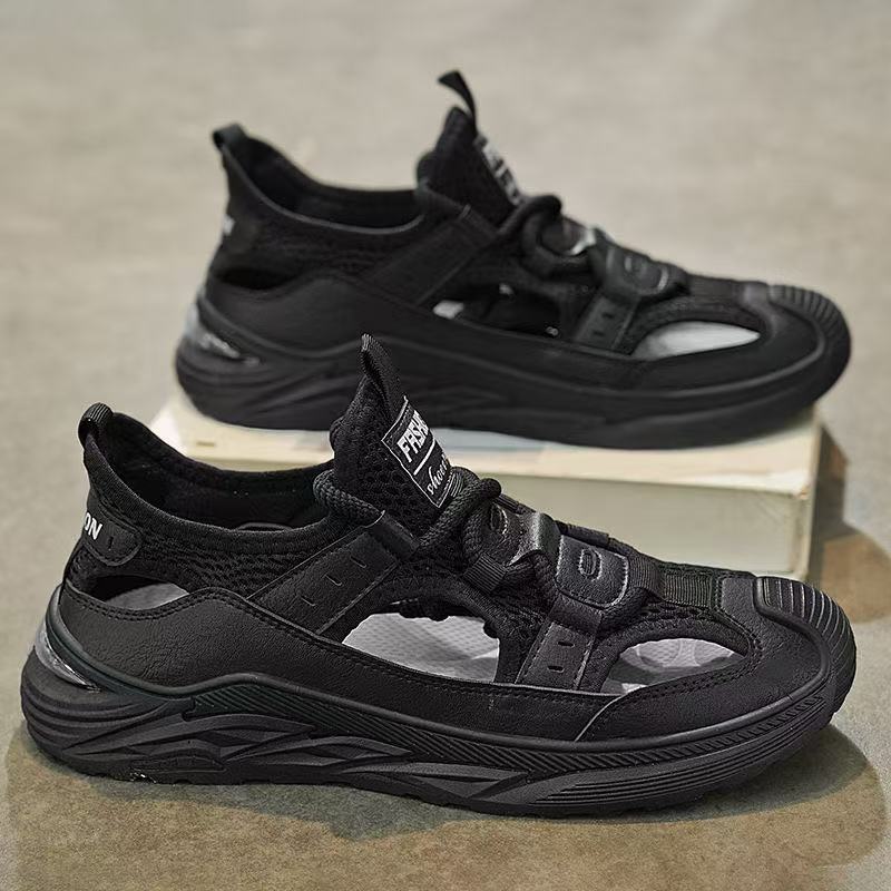 

Новые мужские сандалии удобные и легкие летом, дышащая обувь, обувь с отверстиями, на одной педали, полые кожаные повседневные туфли, мужская обувь 44 чёрный