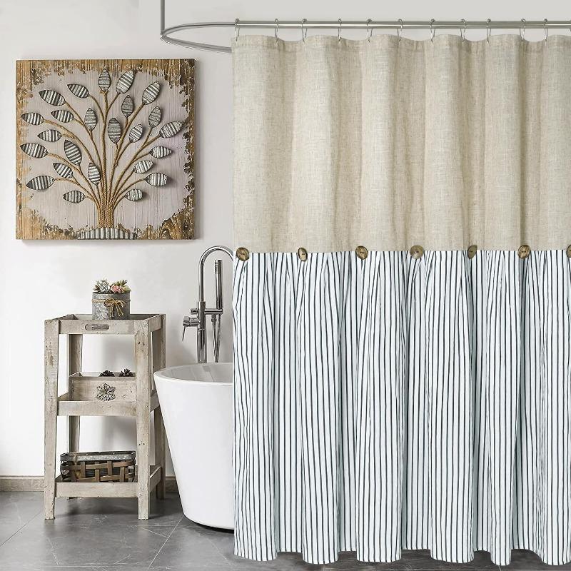 Farmhouse Shower Curtain,Beige and Black Stripe,Button Curtain,Linen and Cotton Woven Fabric,Rustic Charm Country Chic Style