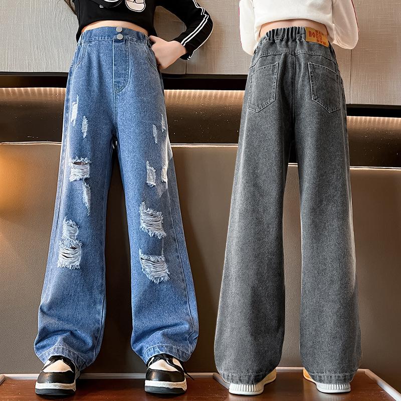 Dívčí roztrhané džíny Jarní a podzimní korejská verze Velké dětské volné ležérní široké kalhoty svrchní oblečení dětské kalhoty