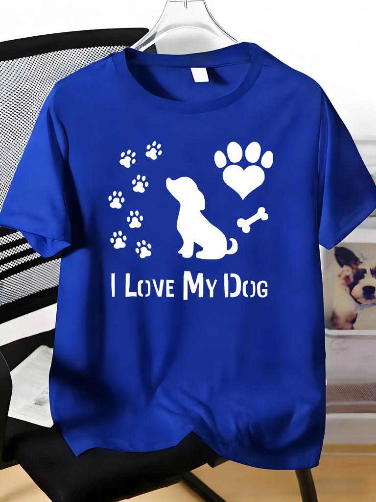 Unisex Crew Neck Tee I Love My Dog Paw Heart Bone Print Soft Blue Loose Summer Street Top For Dog Pet Lovers Daily Casual Outfit