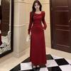 Elegant Red Knitted Waist-Cinched Dress for Women - Autumn/Winter 2026 