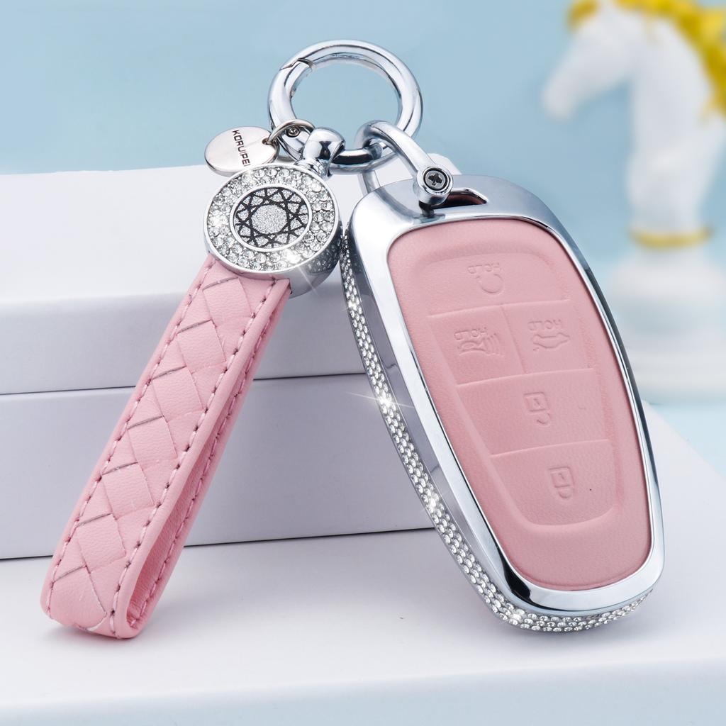 For Hyundai Key Fob Cover with Keychain, Pink Genuine Leather Crystal Key Case Protection Shell Compatible with 2019 2020 2021 2