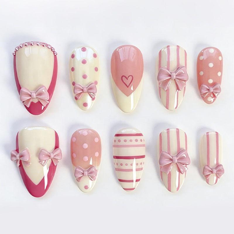 24Pcs Y2K Pink French Press On Nails 3D Metallic Silver Star Butterfly Almond False Nails Sweet Cool Wearable Manicure
