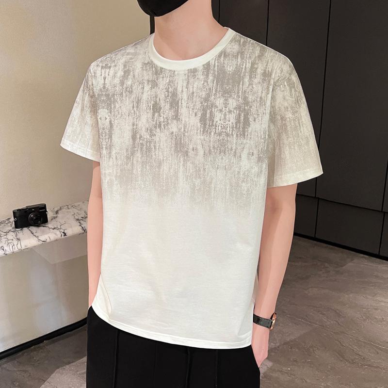 Letnia męska luźna koszula z krótkim rękawem, top z okrągłym dekoltem, kwiecista, rękaw pięć ósmych, koszula z krótkim rękawem