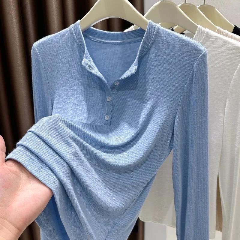 Dámské bambusovo-bavlněné tričko s polorozepínacím límcem a dlouhým rukávem na podzim a zimu, vysoce kvalitní, knoflíkové, univerzální základní vrstva