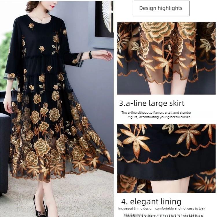 Rochie lungă rotundă brodată pentru femei, plasă, toamnă, largă, linie A, mărimi mari