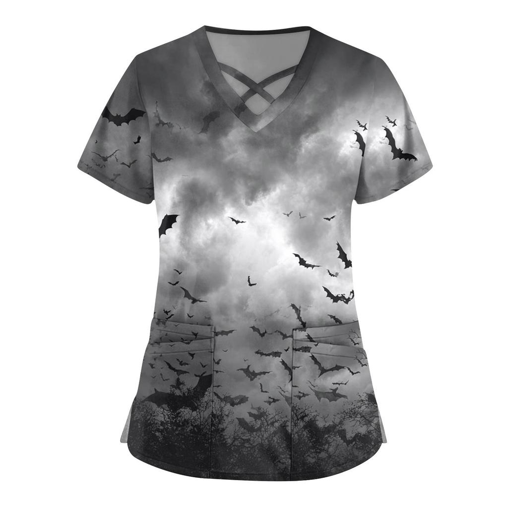 Dámská móda Křížový V výstřih Krátký rukáv Kombinézy Dvojité kapsy Halloweenské Potištěné Topy Uniformy