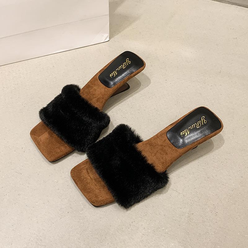 

Премиум новые пушистые тапочки фея на высоком каблуке бархатный хлопок швабра 2025 носить осень и зиму крутые тапочки на покатом каблуке 35