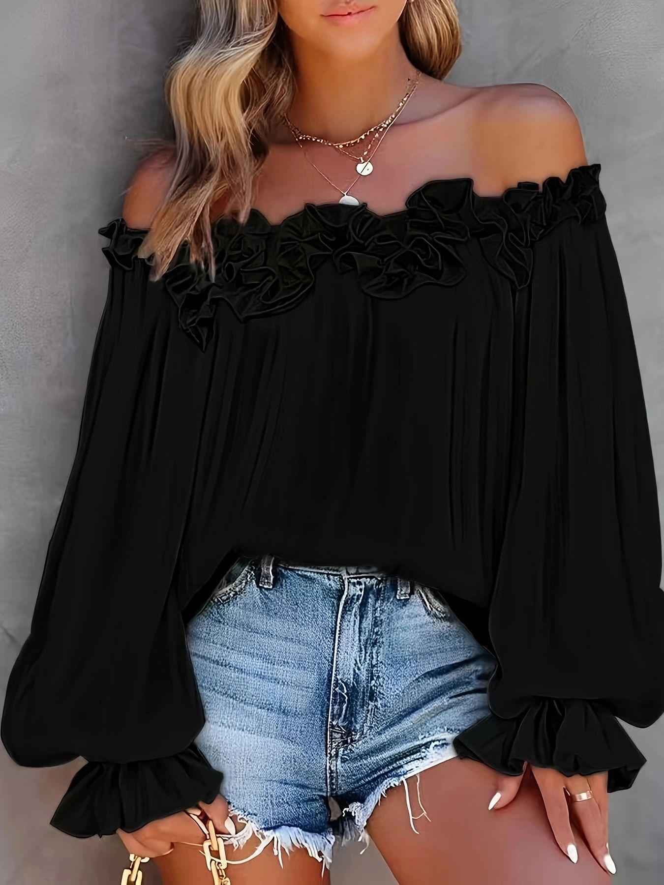 Hot-selling new style: elegant casual off-shoulder long-sleeve top, ruffled sleeves, loose standard size women s clothing S чёрный