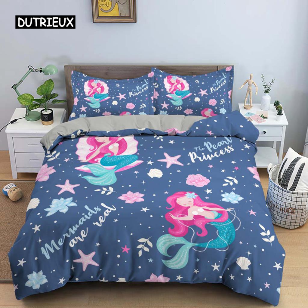 Mermaid Bedding Set Duvet Cover for Girls Cartoon Mermaid Comforter Cover for Kids Teens Birthday Gifts for Bedroom Decorations