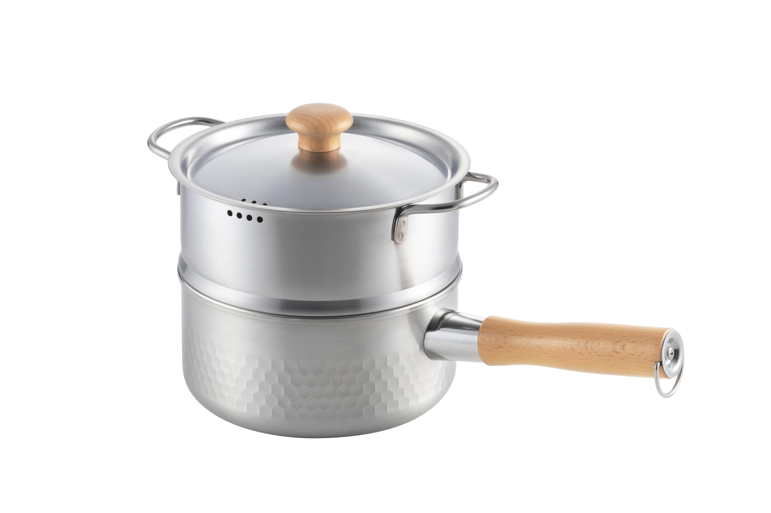 

Maruyama Takumifuku Steamer Hammered Wooden with Induction and Gas Stove Stainless Made in Two-Tier Saucepan, 18cm, Finish, Handle, Lid, TF009,