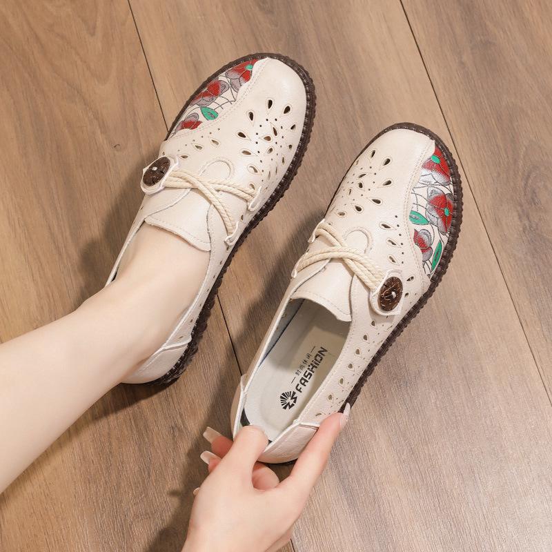 

Удобные кожаные сандалии с вырезами для пожилых - Мягкая подошва, плоская подошва Size 41 бежевый