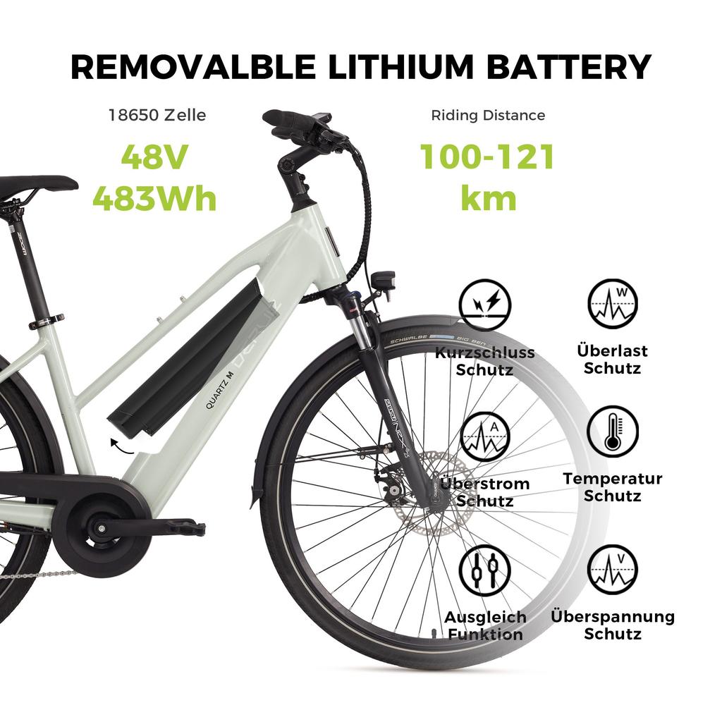 Quartz M City eBike DERUIZ Electrice Bike 28 Zoll City e-Bike mit 48V 250W 483Wh Battery Up to 121KM