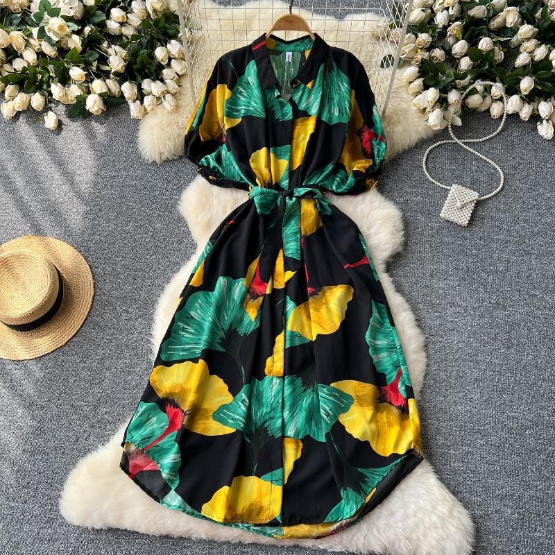 Summer Dress Retro Lantern-sleeved Women's Dress Single-breasted Cinched-waist Tie Printed Dress