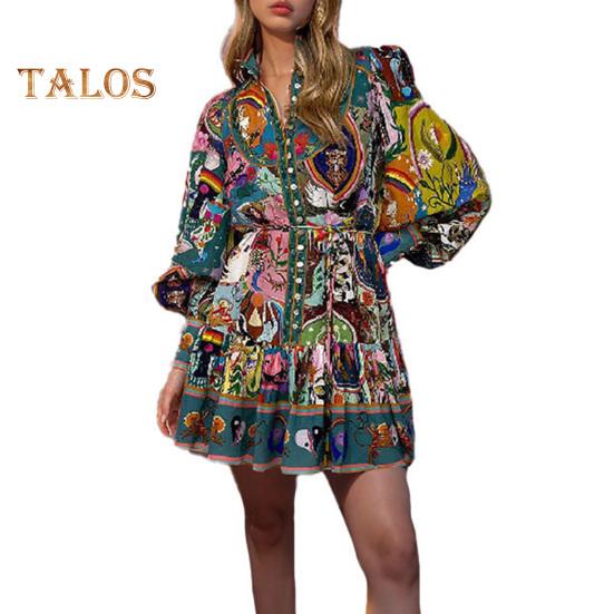 

Осень-лето женское платье с воротником-стойкой, однобортное, с длинными рукавами-фонариками, с тонкой талией, винтажное плиссированное мини-платье с рюшами по краю 2XL