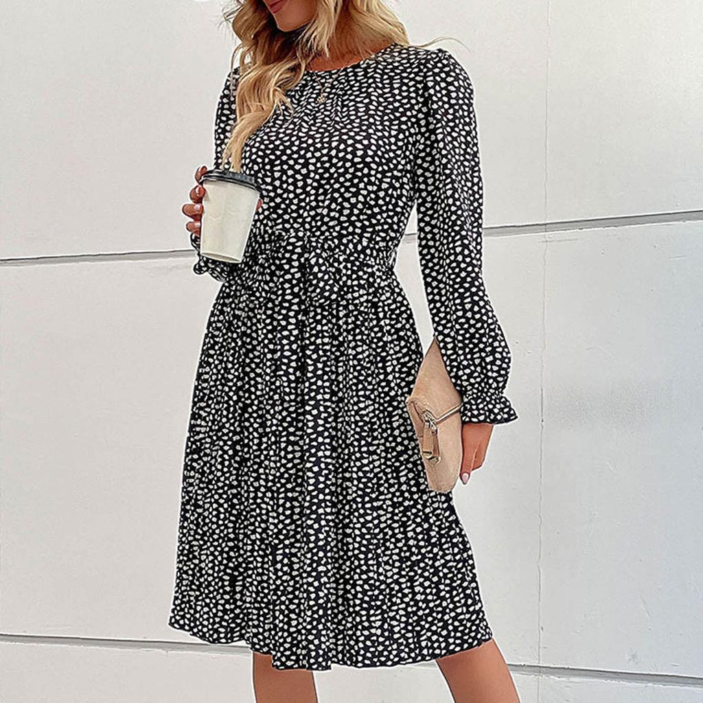 Women's Fashion Leisure Temperament  And Winter Long Sleeve Lace Print Base Dress