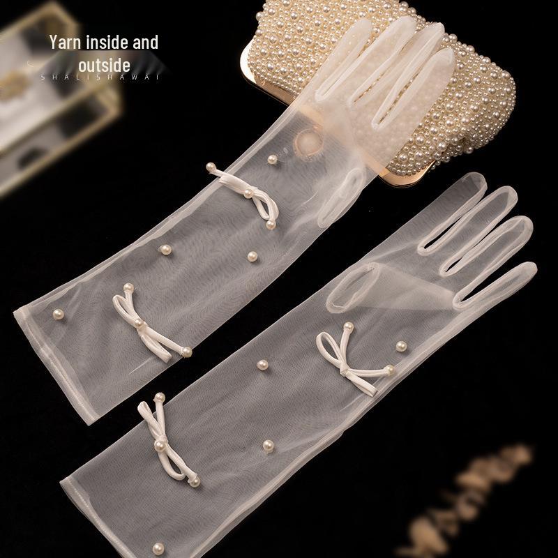 Pearl Bow Lace Wedding Gloves - Mid-Length, White Mesh, Photography Accessory