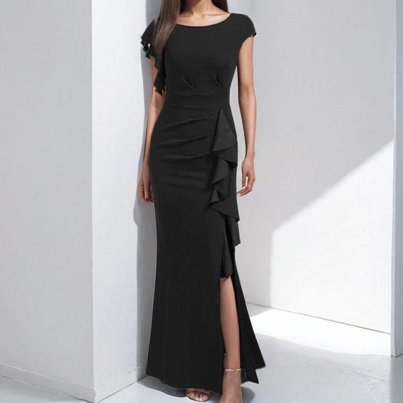 Spring New Style Elegant Sexy and Fashionable Solid Color Round Neck Ruffled Women's Dress
