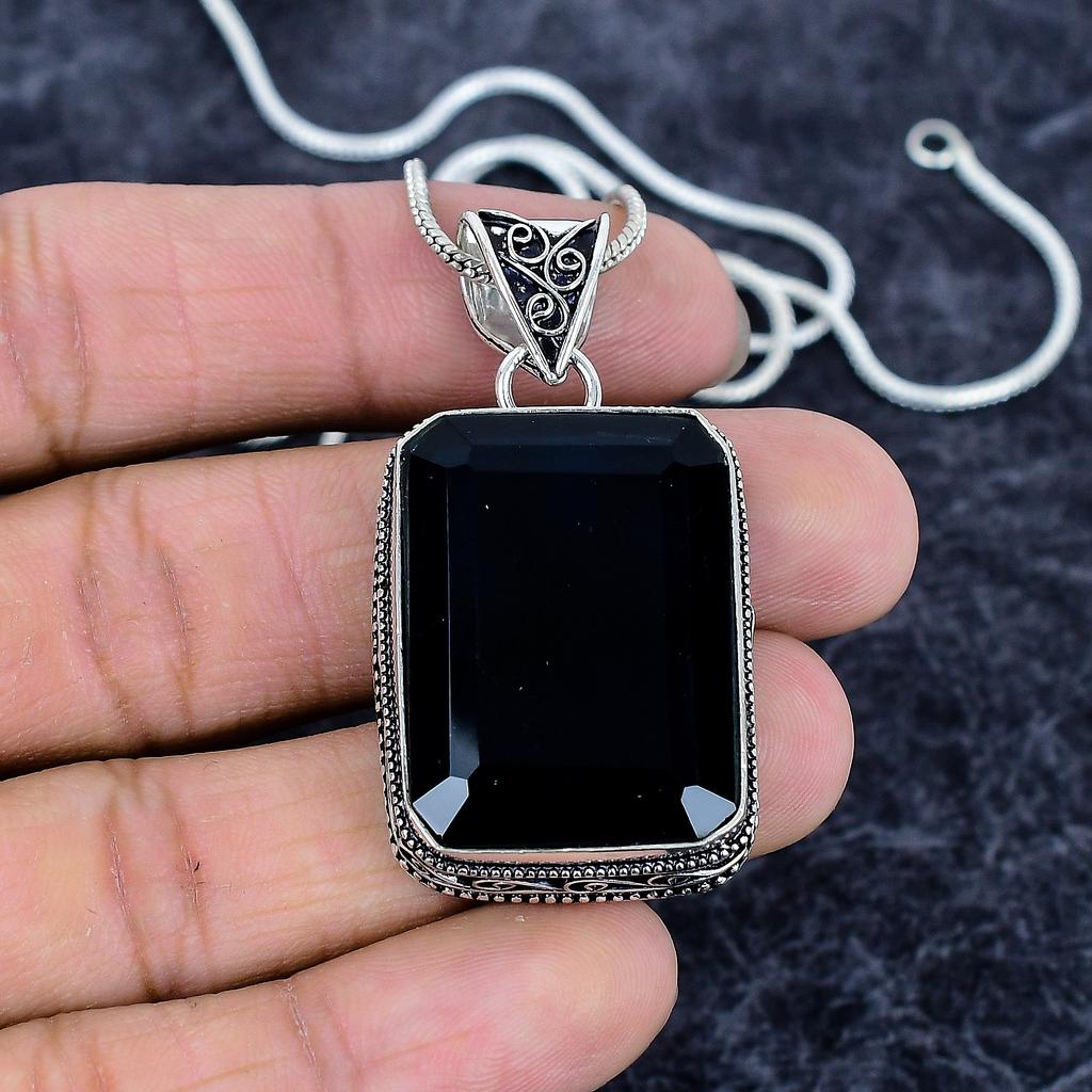 Black Spinel Gemstone Handmade 925 Sterling Silver Jewelry Pendant 1.97" M-3229