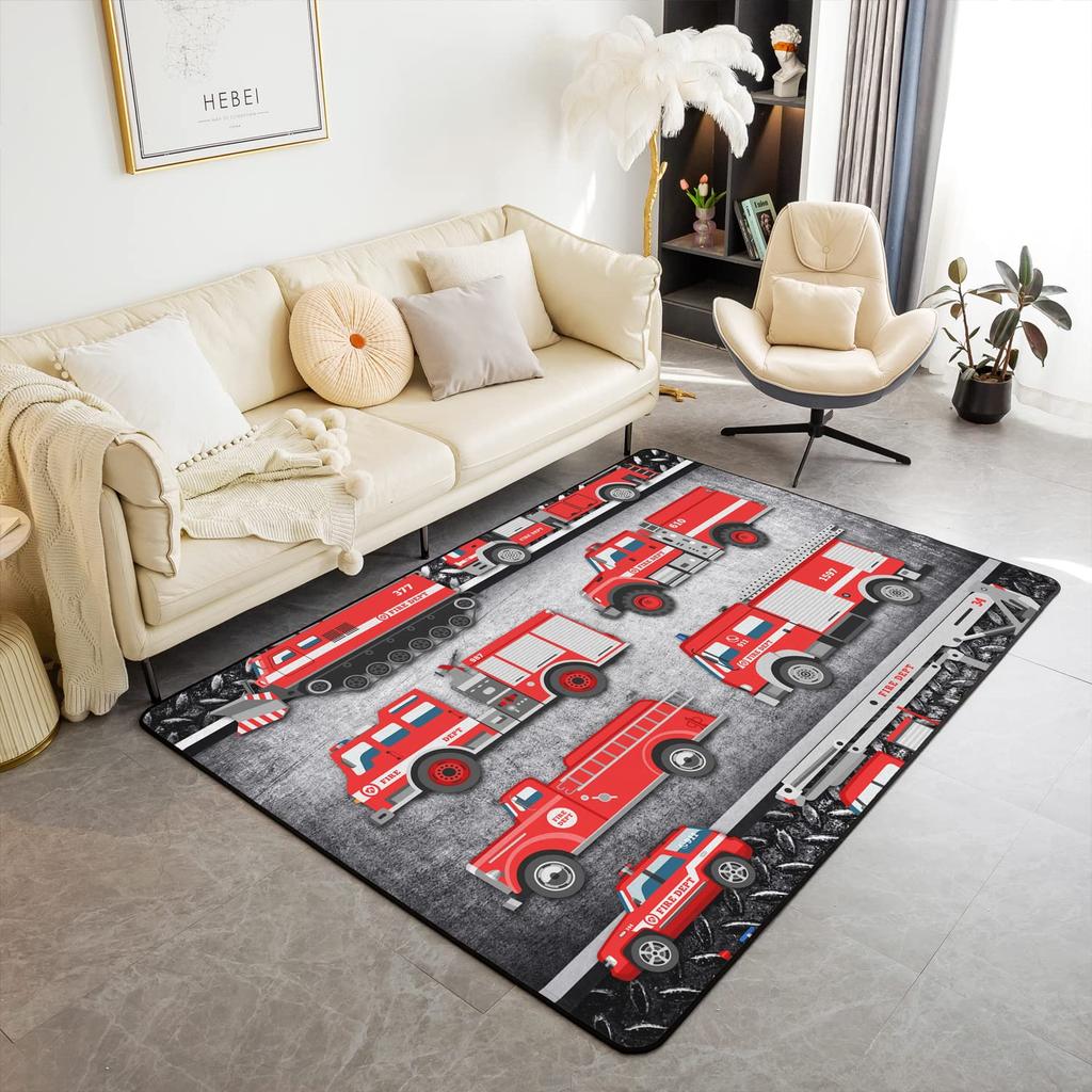 Firefighting Truck Area Rug, Fire Truck Carpet for Teen Boys, Cartoon Emergency Rescue Vehicle Floor Mat for Living Room Bedside