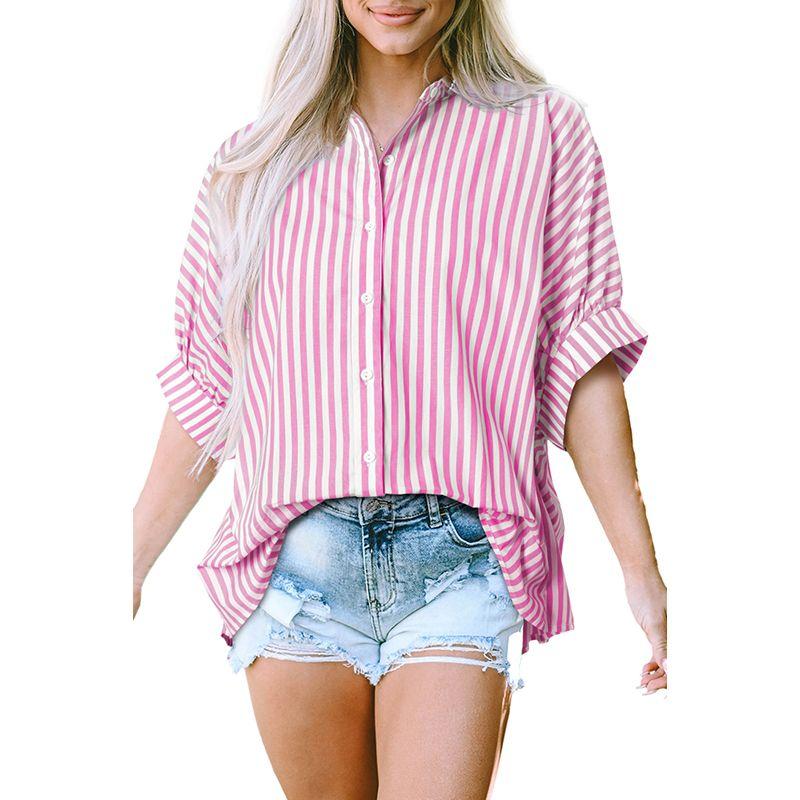 

and American Fashion All-Match Stripes Sun Protection Shirt for Women 2025 Summer New Arrival Single Row Multi-Buckle Half-Sleeve Top for Women Pink L code fits (62.50 kg-70.00 kg