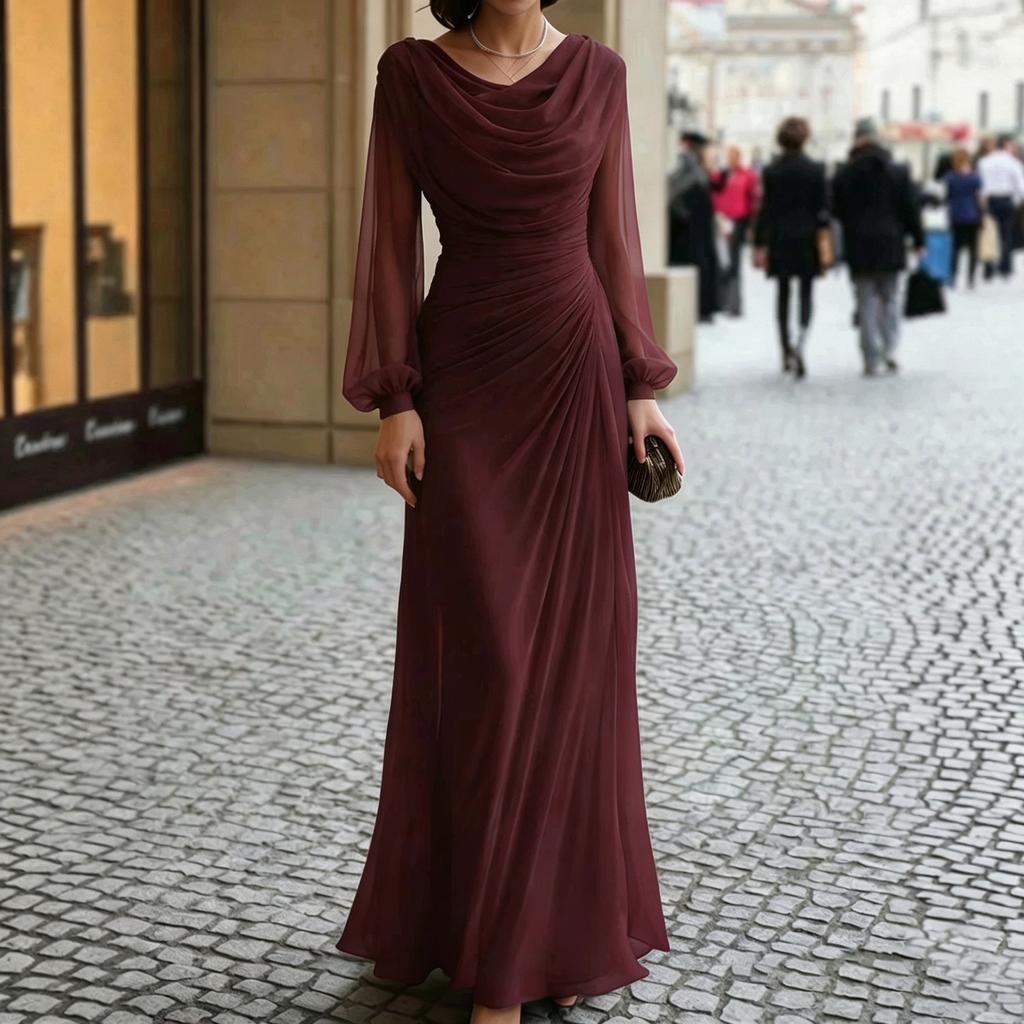 Vestido de Noite Feminino Colorido com Gola Alta Dobrada, Manga Longa, Pregueado e Ajustado