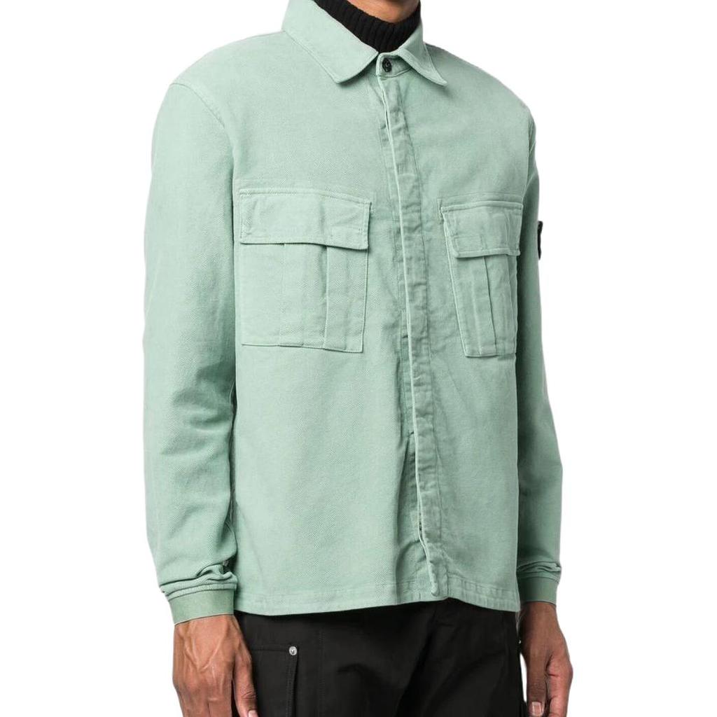 STONE ISLAND Düz Renk Logo Yama Uzun Kollu Gömlek Erkek gömlekleri Açık Yeşil 771511305-V0055