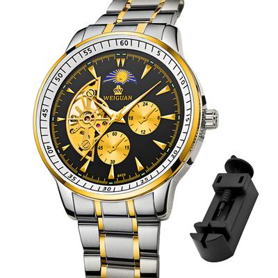 TeamSky Mechanical Stainless Large Moon Phase Gift for Men Silver Band Men's Watch, Engraved, Automatic, Steel, Multi-Function, Dial, Function,