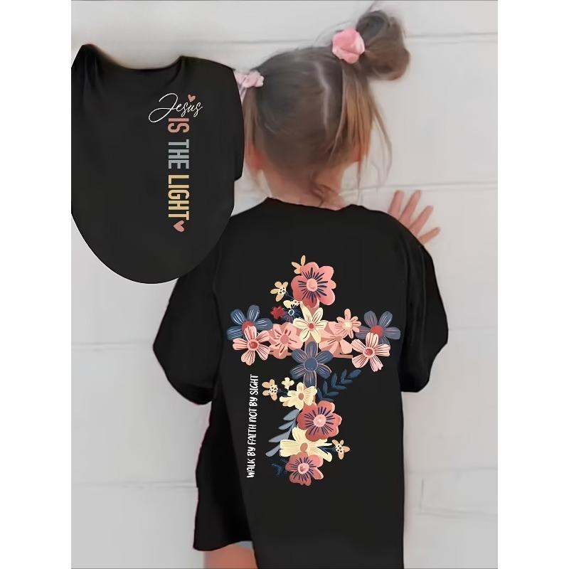 

European Size Girls Round Neck Short Sleeved T Shirt with Double Sided Printing and Floral Patterns 98cm чёрный
