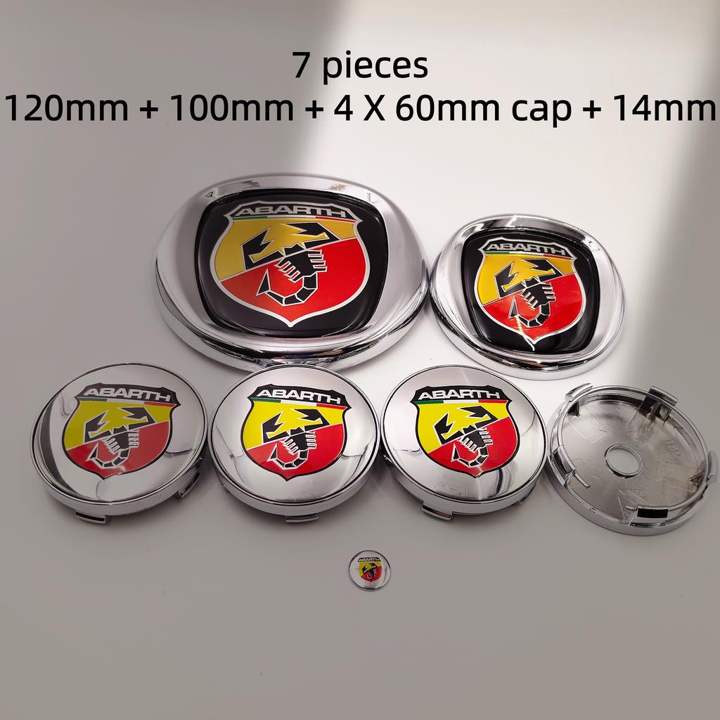 7pcs Fiat Abarth Car Front Hood Bonnet Badge 85/95/100/120mm Rear Trunk Boot Badge 10/12cm Hub Cap Wheel Center Cap 56/60mm