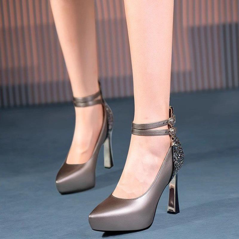 Fashion Super High Heel One Strap Stiletto Shoes Women's Fashion Pointed Toe Shallow Rear Zip Sequin Single Shoes