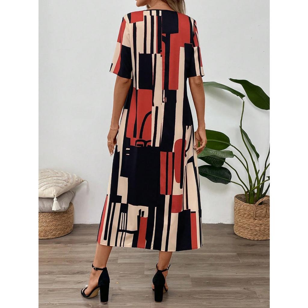 Summer New Women's Floral Print V-neck Short Sleeve Loose Long Midi Dress Casual European American Style for Women