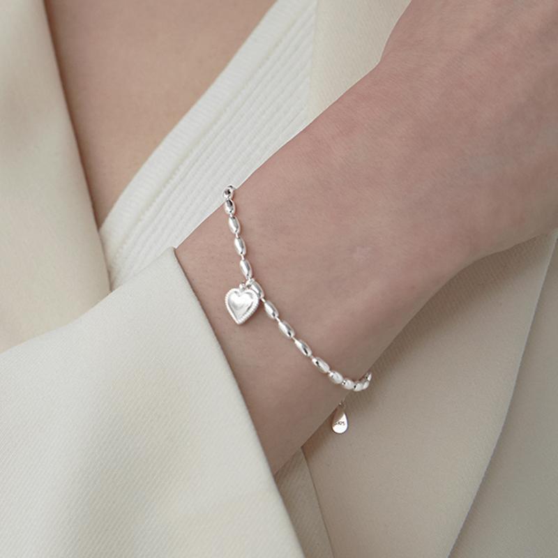 S925 Silver Heart Rice Grain Bracelet Accessory Stylish Sweet Smooth Heart Bracelet Birthday Party Fine Jewelry For Women
