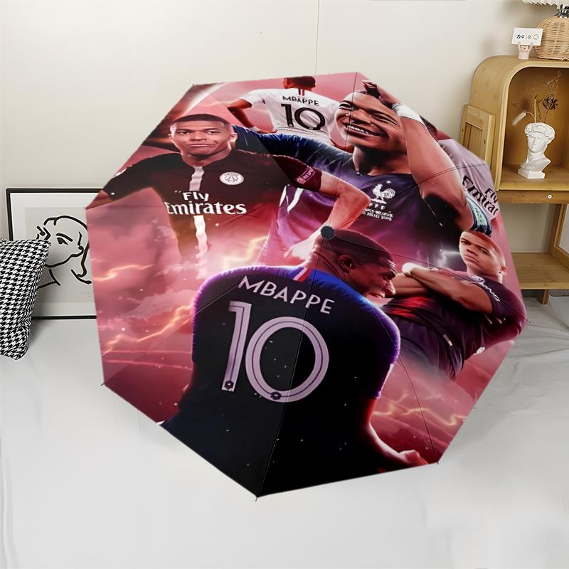 Kylian Mbappé Print Automatic Umbrella, 8 Rib Iron Frame, Plastic Handle, Suitable for Outdoor Travel &Daily , Ideal Gift