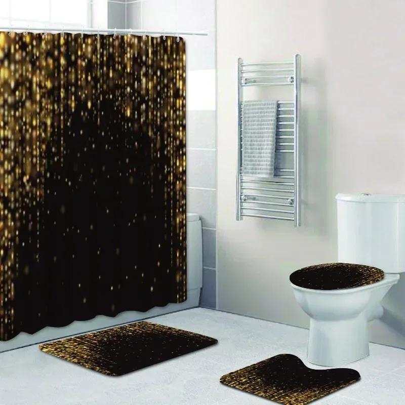 Stylish Black Silver Falling Glitter Confetti Dust Explosion Bathroom Curtains Shower Curtain Set Grey Sparkling Bath Rugs Decor