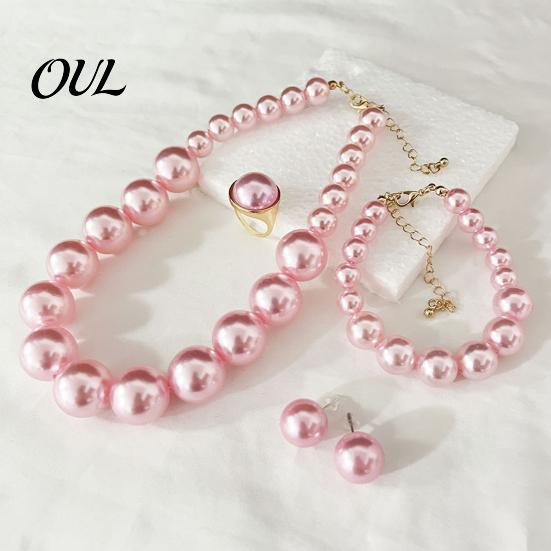 Faux Pearl Earrings Necklace 3Pcs/Set Imitation Pearls Jewelry Set, Adjustable Length Choker with Ear Studs White Dress Set And Bracelet, for Weddings