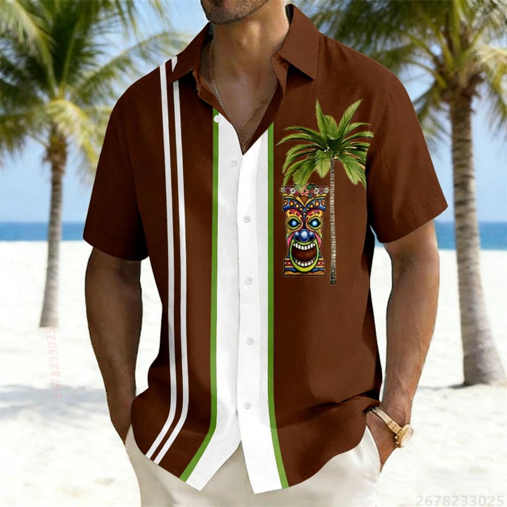 Men's color-blocked striped short-sleeved shirt, Hawaiian-style totem coconut tree print casual vacation top, Hawaiian shirt
