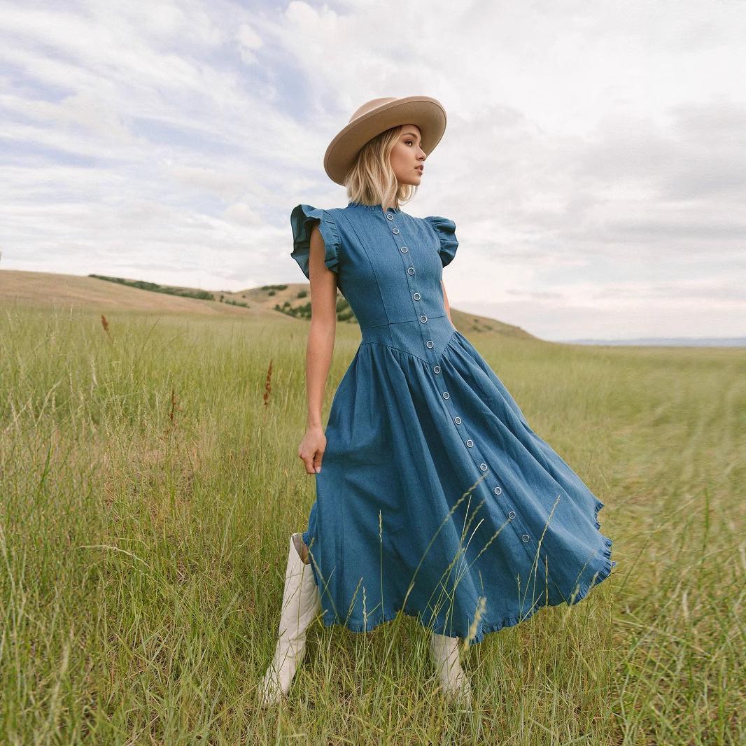 Idyllic blue stand-up collar imitation denim lotus leaf flying sleeves with single-breasted design women s dress vacation style S