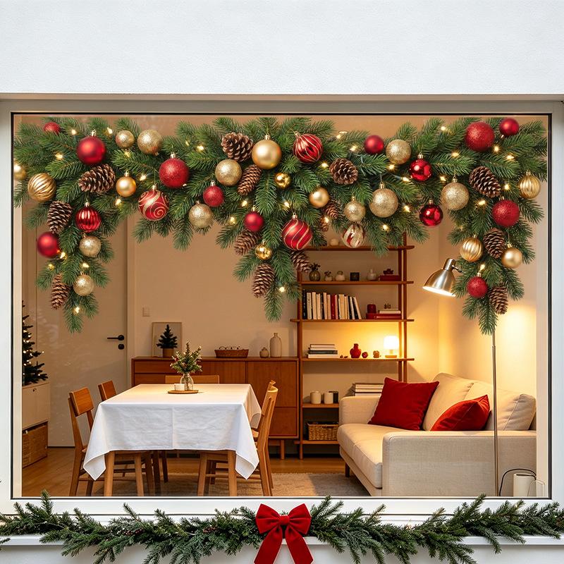 Christmas Garland Window Cling Static Window Sticker Pine Branch Ornament Glass Decal Removable Holiday Home Decoration