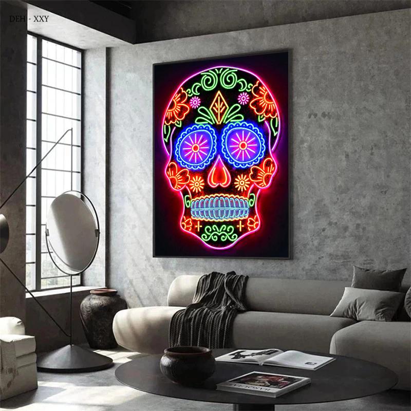 Neon Wall Art Skull Head Posters Day of The Dead Canvas Print Painting Pop Street Wall Art Picture for Home Bar Room Decor