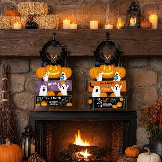 2 Pcs Halloween Door Hanger Signs, Wooden Pumpkin Bat Door Knob Hanger for Home Bedroom, Holiday Party Decor