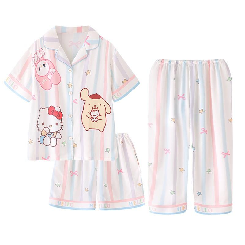 Kids Ice Silk Pajama Set Girls 3-Piece Short Sleeve Long Pants Cartoon Print Soft Breathable Sleepwear Home Outfit