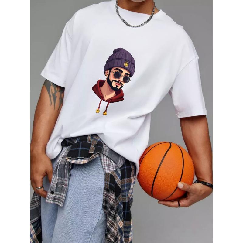 White T Shirt with Cartoon Man Wearing Beanie and Sunglasses Print for Casual Wear