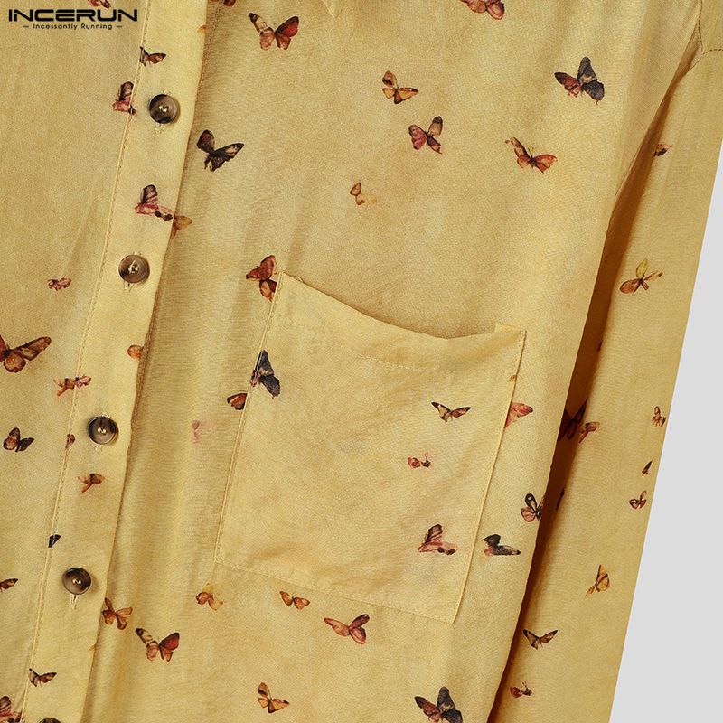INCERUN Oversized Men Lapel Neck Long Sleeve Floral Print Buttons Casual Loose Shirts